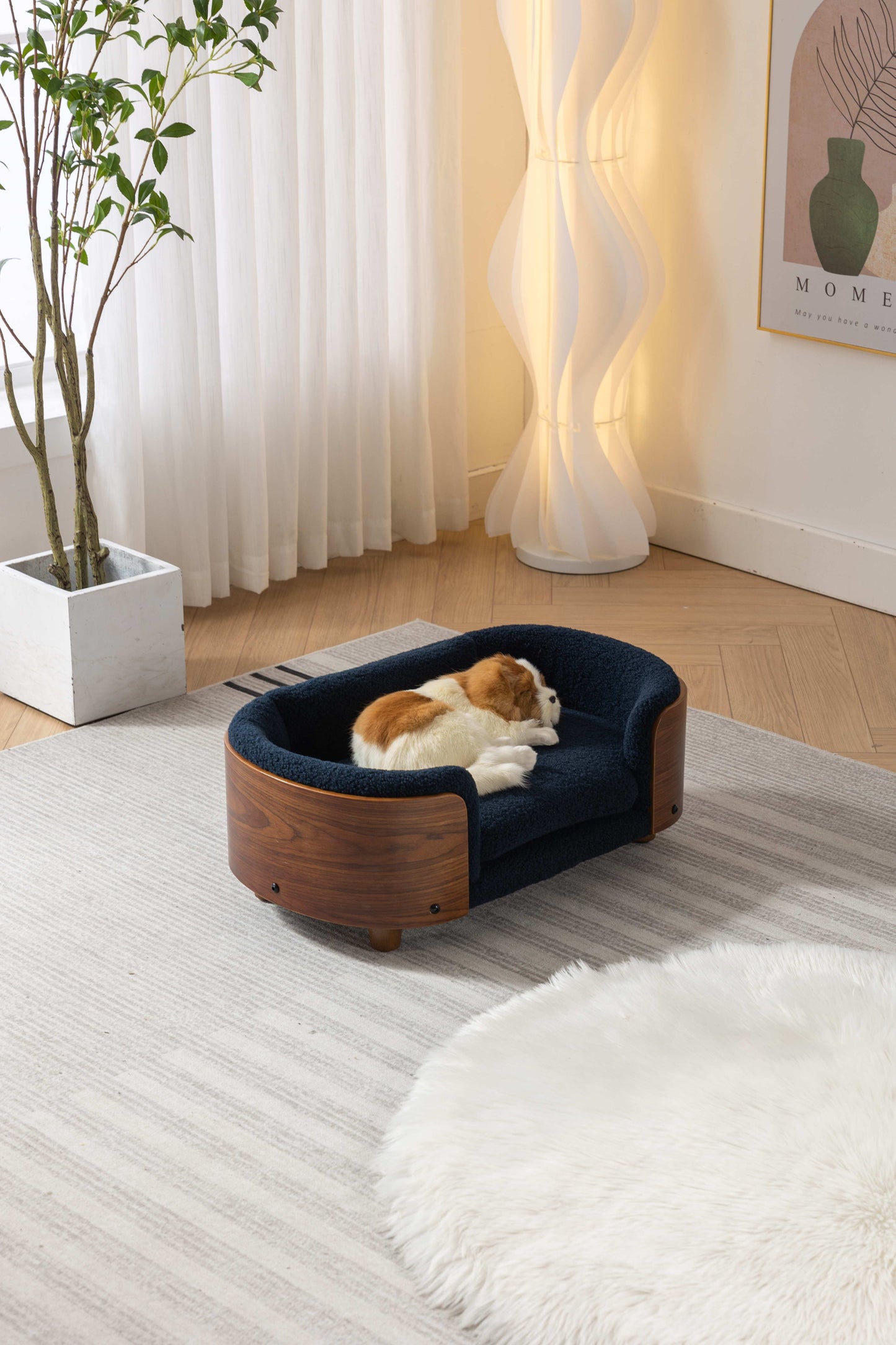 Scandinavian Style Elevated Dog Bed Pet Sofa With Solid Wood Legs And Walnut Bent Wood Back, Cashmere Cushion, Small Size - Dark Blue