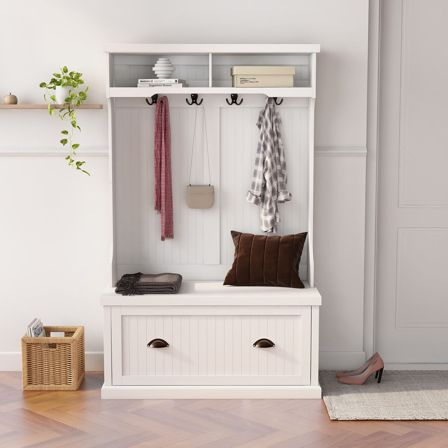 Entryway Hall Tree With Coat Rack 4 Hooks And Storage Bench Shoe Cabinet - White