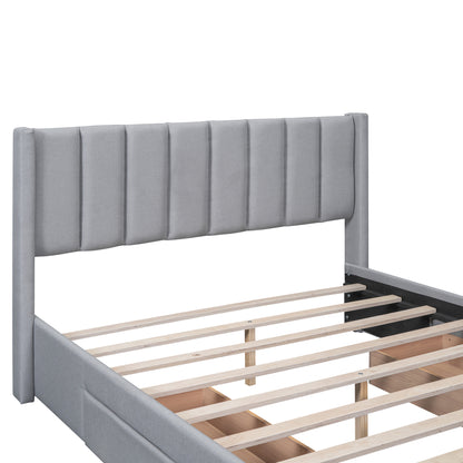 Queen Size Upholstered Platform Bed with One Large Drawer in the Footboard and Drawer on Each Side,Gray