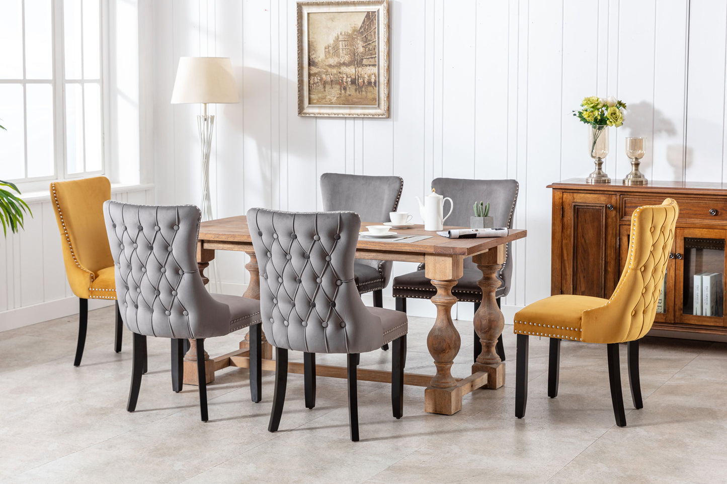 A&A Furniture,Upholstered Wing-Back Dining Chair with Backstitching Nailhead Trim and Solid Wood Legs,Set of 2, Gray,8809GY,  KD