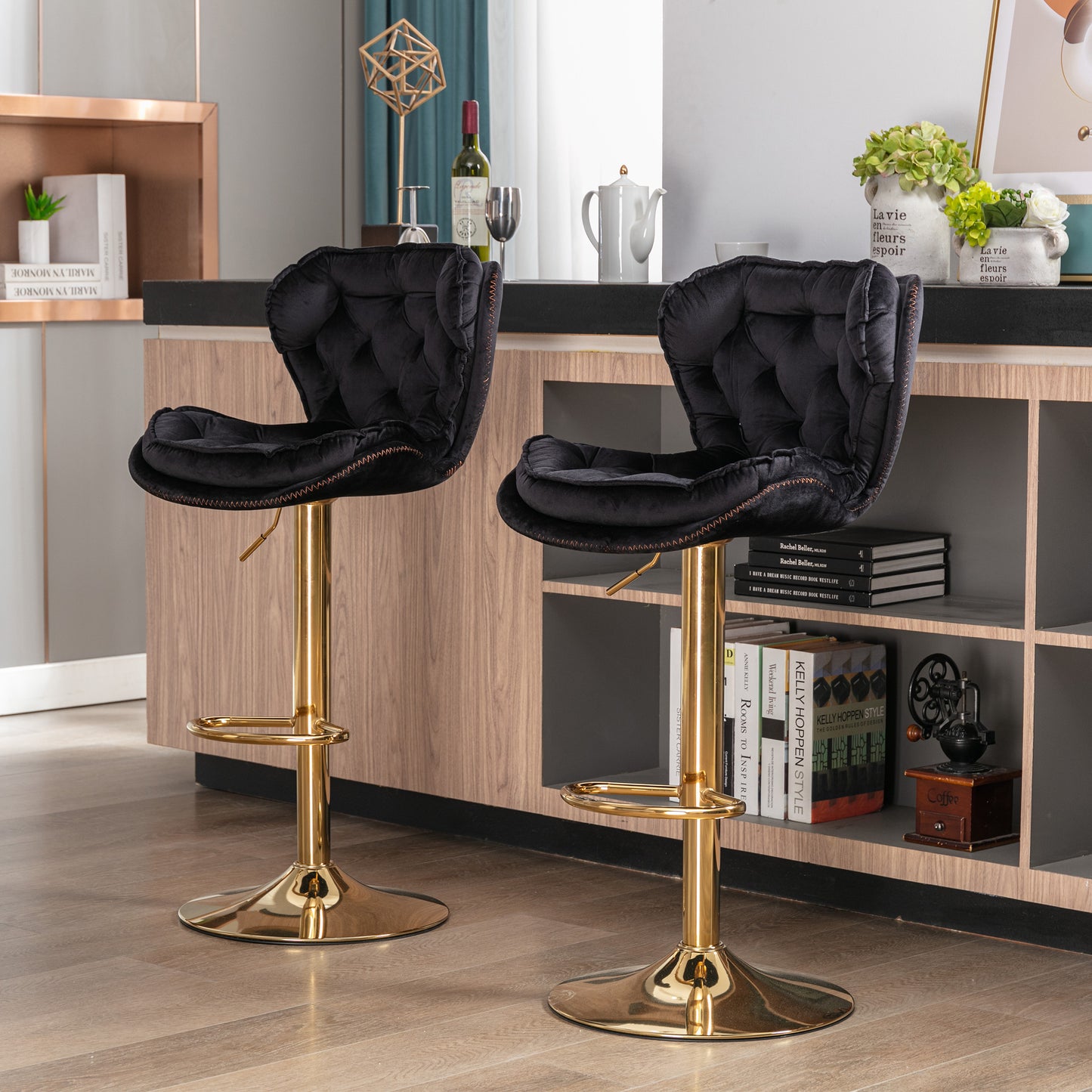 Set of 2  Bar Stools,with Chrome Footrest and Base Swivel Height Adjustable Mechanical Lifting Velvet + Golden Leg Simple Bar Stool-black