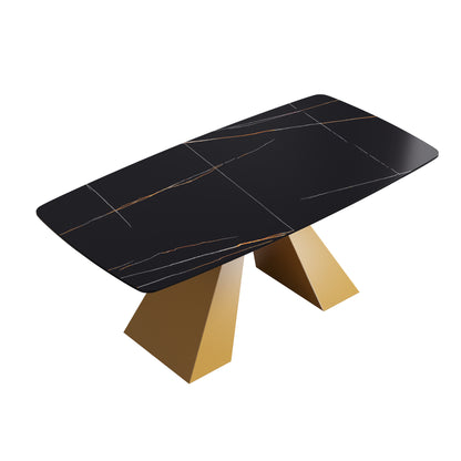 70.87"Modern artificial stone black curved golden metal leg dining table-can accommodate 6-8 people