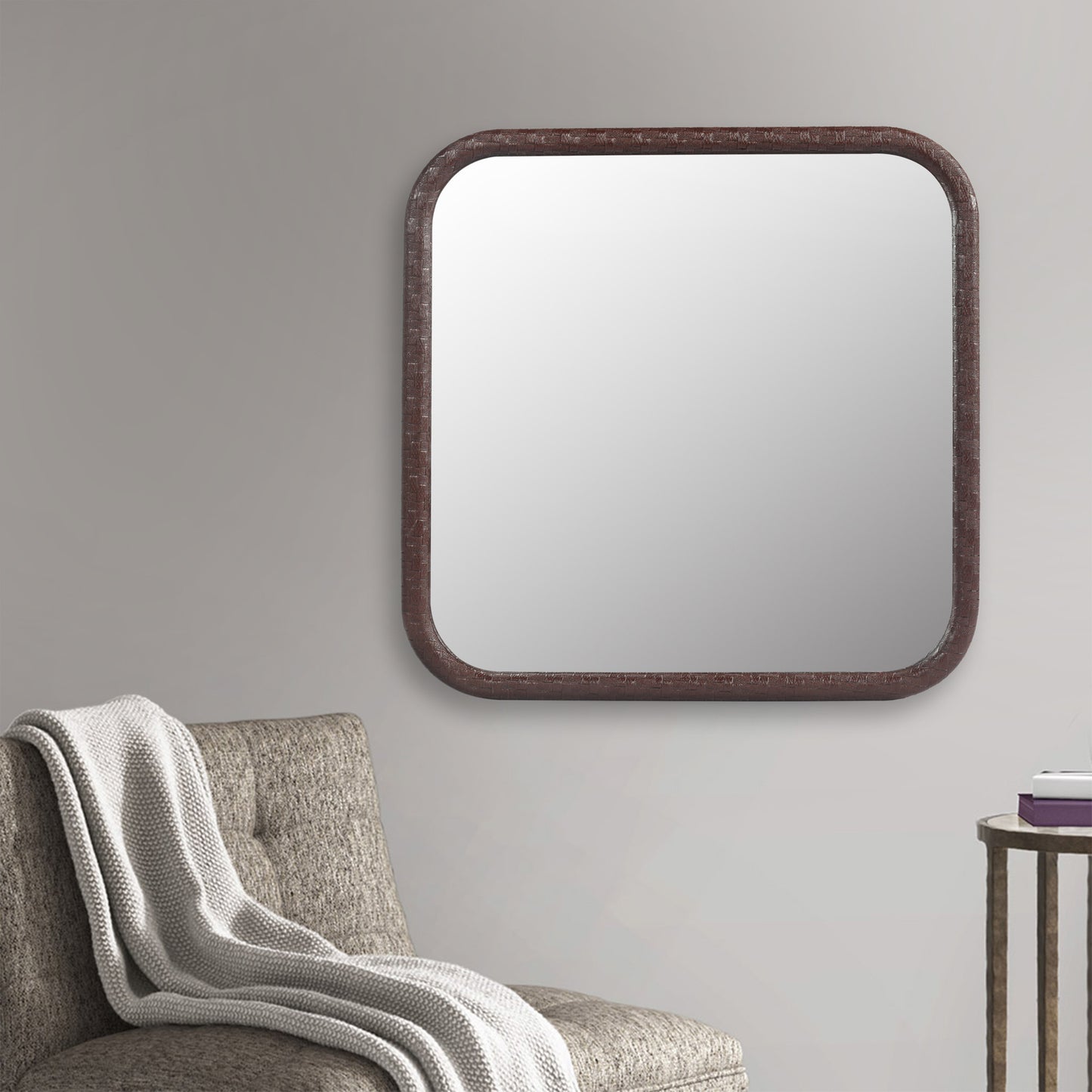 Square Brown Woven Grain Decorative Wall Hanging Mirror,PU Covered MDF Framed Mirror for Bedroom Living Room Vanity Entryway Wall Decor,23.62x23.62inch