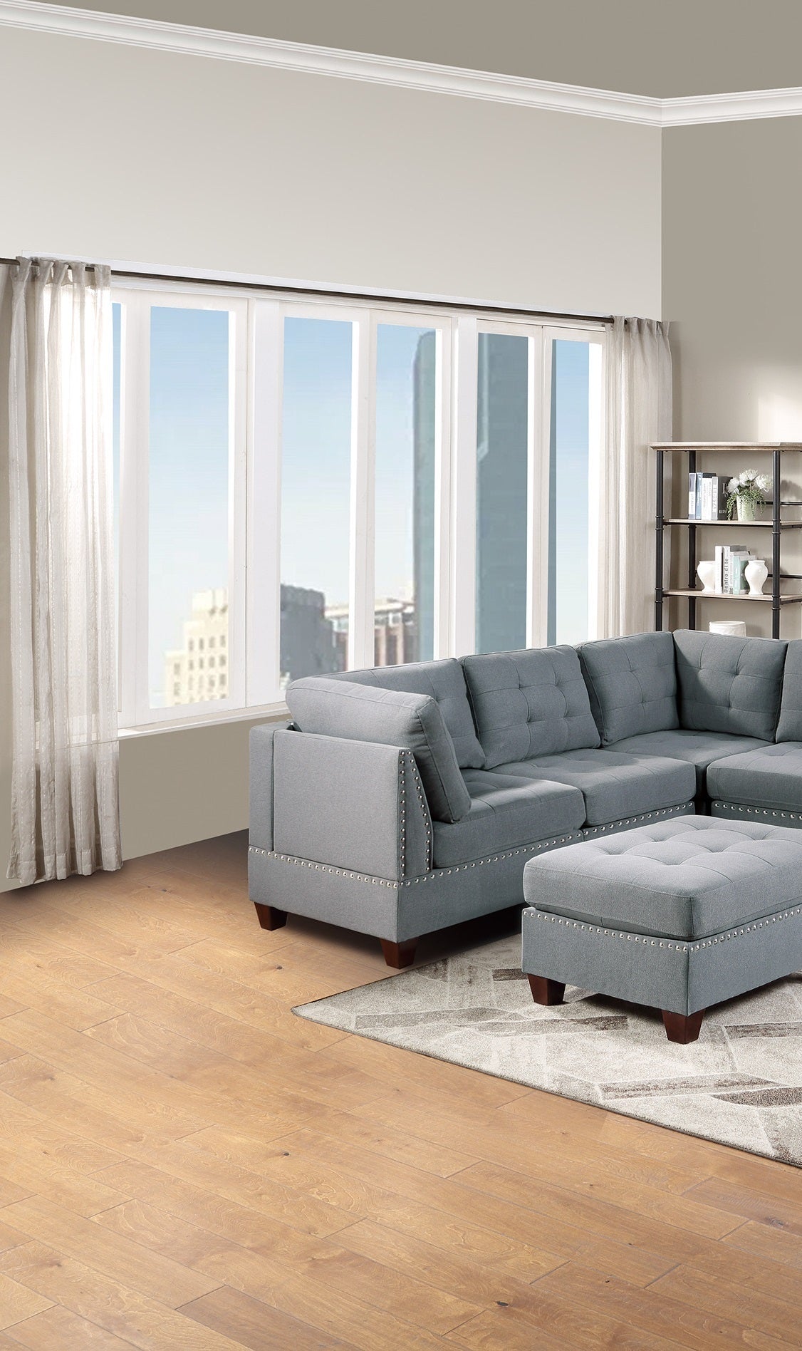 Modular Sectional 9pc Set Living Room Furniture Corner Sectional Tufted Nail heads Couch Gray Linen Like Fabric 3x Corner Wedge 4x Armless Chairs and 2x Ottomans