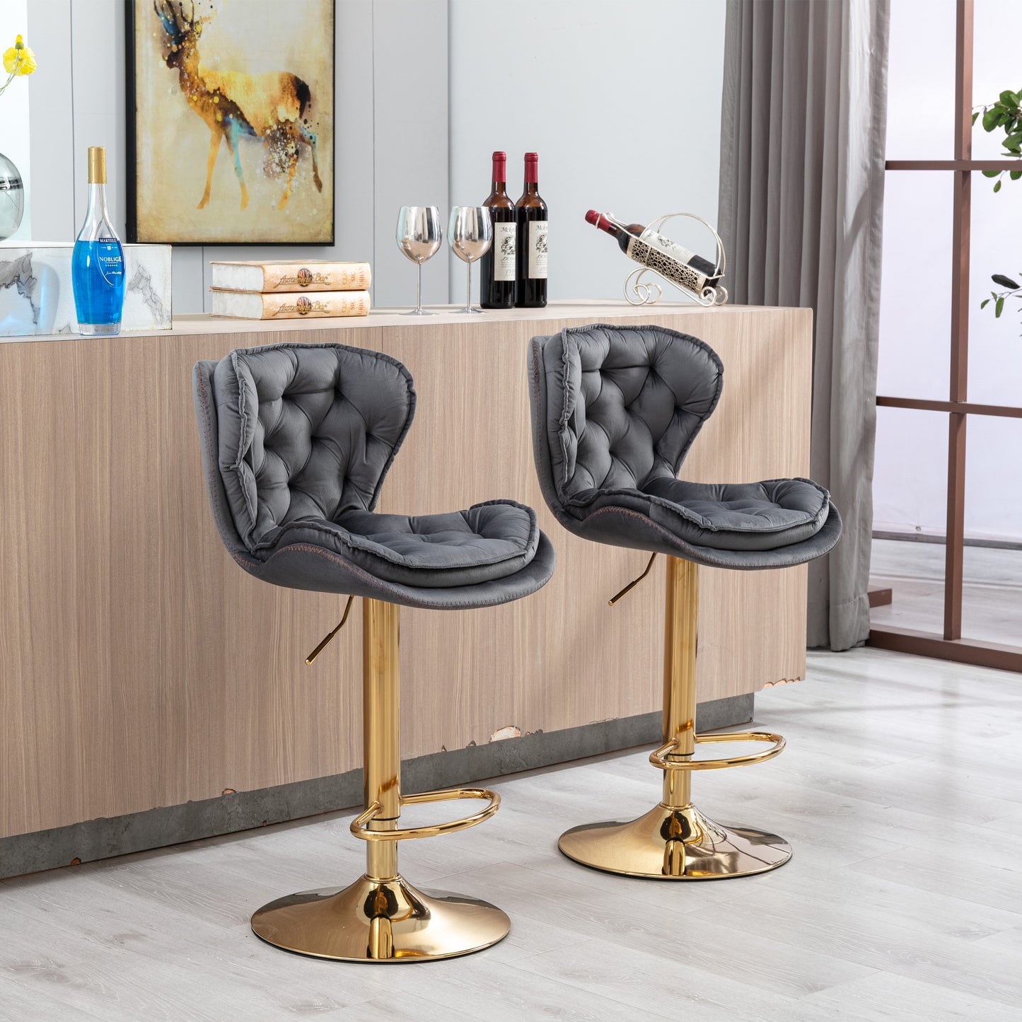 Set of 2  Bar Stools,with Chrome Footrest and Base Swivel Height Adjustable Mechanical Lifting Velvet + Golden Leg Simple Bar Stool-gray