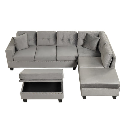 106.5" Modern Sectional Sofa with Storage Ottoman, L-Shape Couch with 2 Pillows and Cup Holder,Sectional Sofa with Reversible Chaise for Living Room,Gray