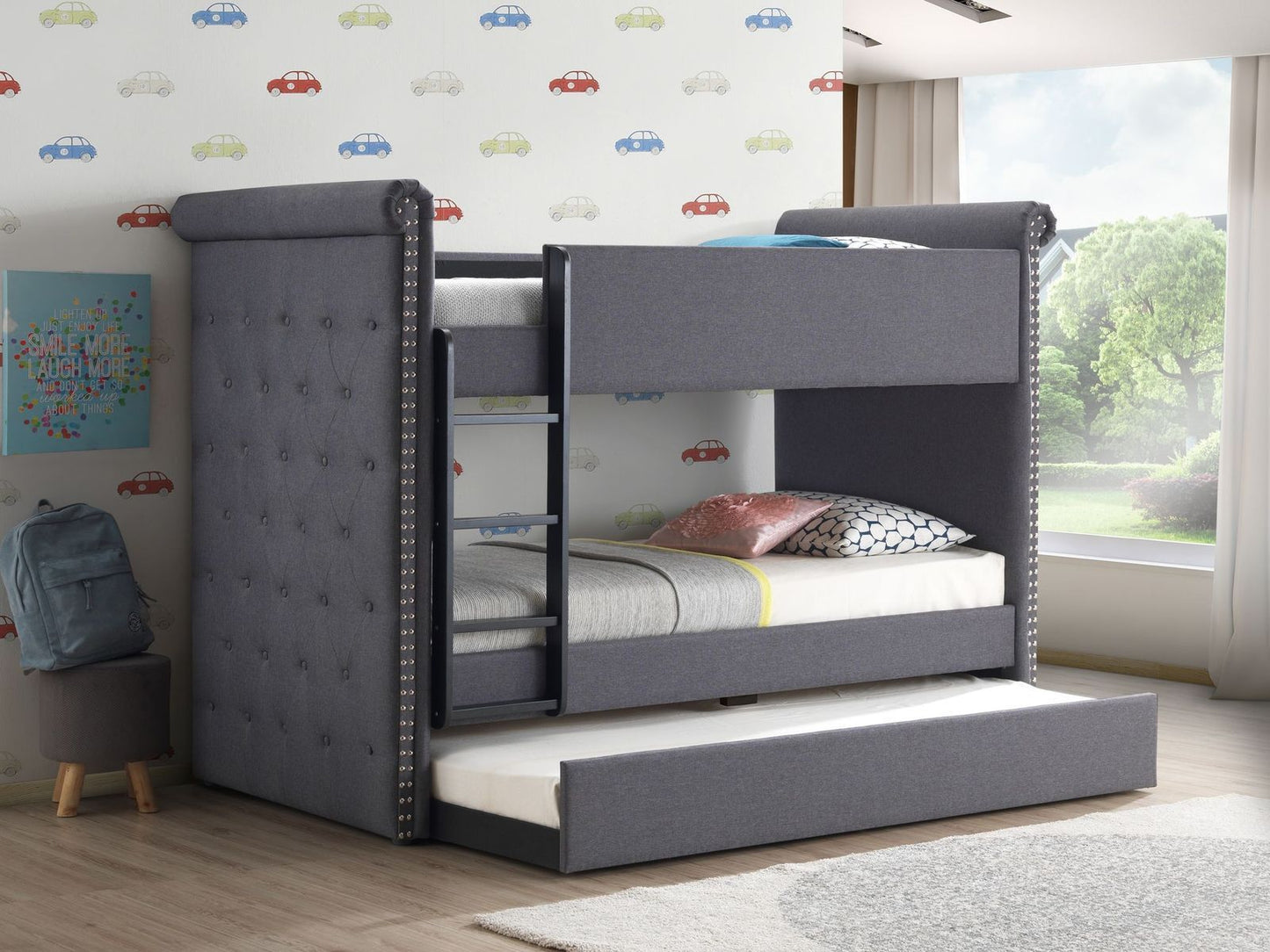 ACME Romana II Bunk Bed & Trundle (Twin/Twin), Gray Fabric (1Set/3Ctn) 37855