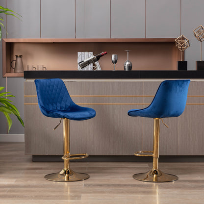 Set of 2  Bar Stools,with Chrome Footrest and Base Swivel Height Adjustable Mechanical Lifting Velvet + Golden Leg Simple Bar Stool-blue