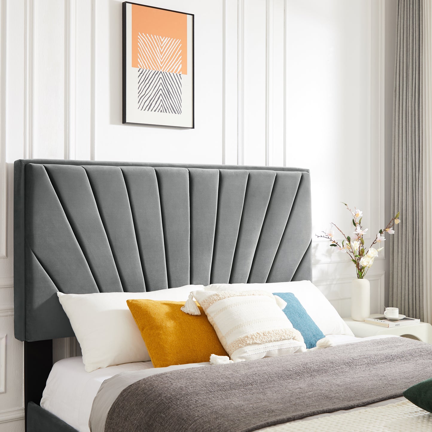 B108 Beautiful line stripe cushion headboard Full bed, strong wooden slats + metal support feet, Gray Flannelette