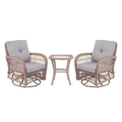 3 Pieces Outdoor Wicker Swive Rocking Chair Set, Patio Bistro Sets with 2 Rattan Rocker Chairs and Glass Coffee Table for Backyard