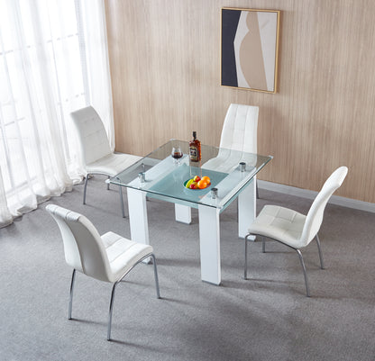 5 Pieces Modern dining set, Square Double-Layer Tempered Glass Dining Table with 4 Lattice Design Leatherette Dining Chair