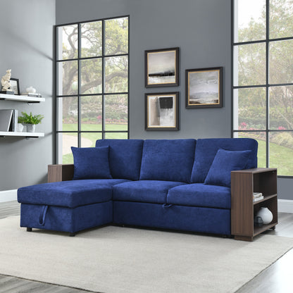 Sectional Sofa with Pulled Out Bed, 2 Seats Sofa and Reversible Chaise with Storage, MDF Shelf Armrest, Two Pillows, Navy Blue, (88" x52" x 34")