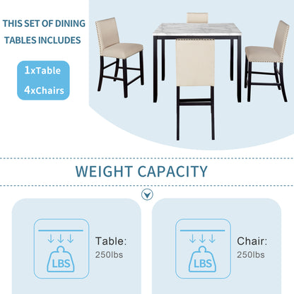 TOPMAX 5 Piece Counter Height Faux Marble Modern Dining Set with Matching Chairs and Marble Veneer  for Home, Beige