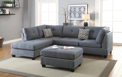 3-pcs Sectional Sofa Blue Grey Polyfiber Cushion Sofa Chaise Ottoman Reversible Couch Pillows