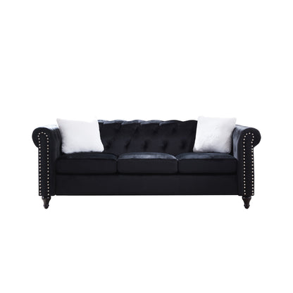 2 Piece Living Room Sofa Set, including 3-Seater Sofa and Loveseat, with Button and Copper Nail on Arms and Back,Four White Villose Pillow，Black