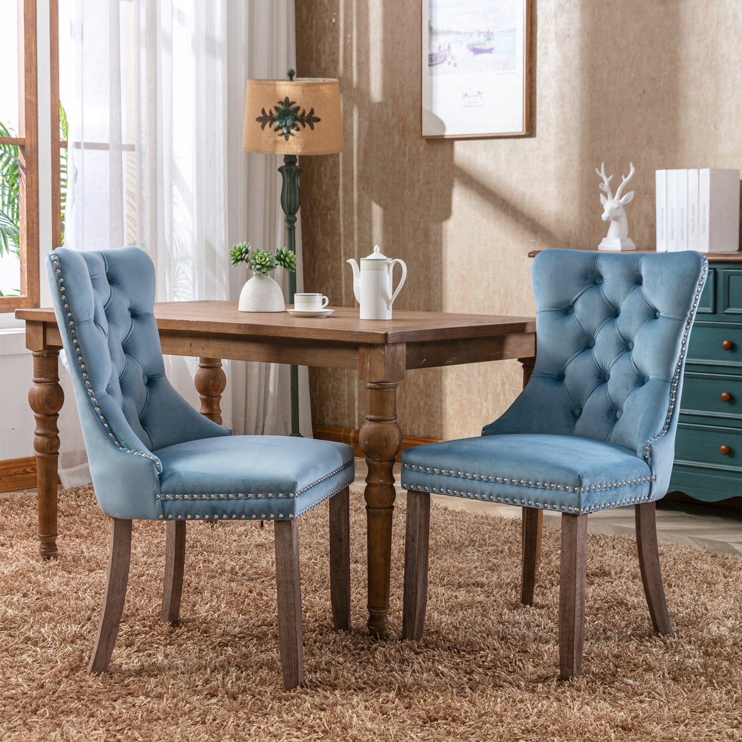Nikki Collection Modern, High-end Tufted Solid Wood Contemporary Velvet Upholstered Dining Chair with Wood Legs Nailhead Trim 2-Pcs Set，Light Blue, SW2001LB