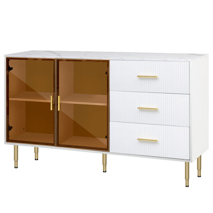 TREXM Modern Sideboard MDF Buffet Cabinet Marble Sticker Tabletop and Amber-yellow Tempered Glass Doors with Gold Metal Legs & Handles (White)