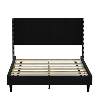 Queen Size Tufted Upholstered Bed Frame Low Profile Velvet Bed Frame Platform with Raised Wingback Headboard/No Box Spring Required/Wood Slat Support/Black