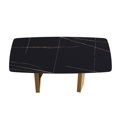 70.87"Modern artificial stone black curved golden metal leg dining table-can accommodate 6-8 people