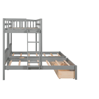 Twin over Twin & Twin Bunk Bed with Two Drawers and Built-in Middle Drawer, Gray