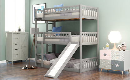 Twin-Over-Twin-Over-Twin Triple Bed with Built-in Ladder and Slide, Triple Bunk Bed with Guardrails, Gray(OLD SKU: LP000051AAE)