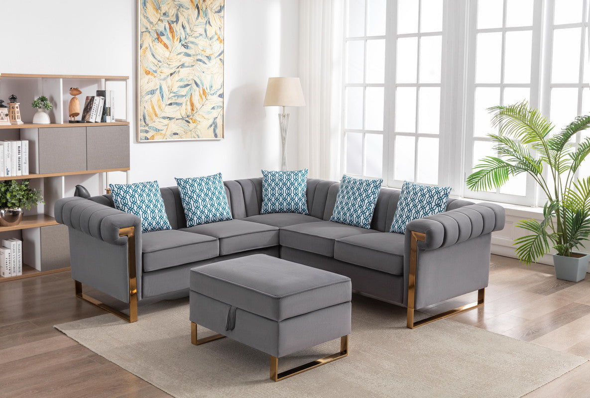 Maddie Gray Velvet 5-Seater Sectional Sofa with Storage Ottoman