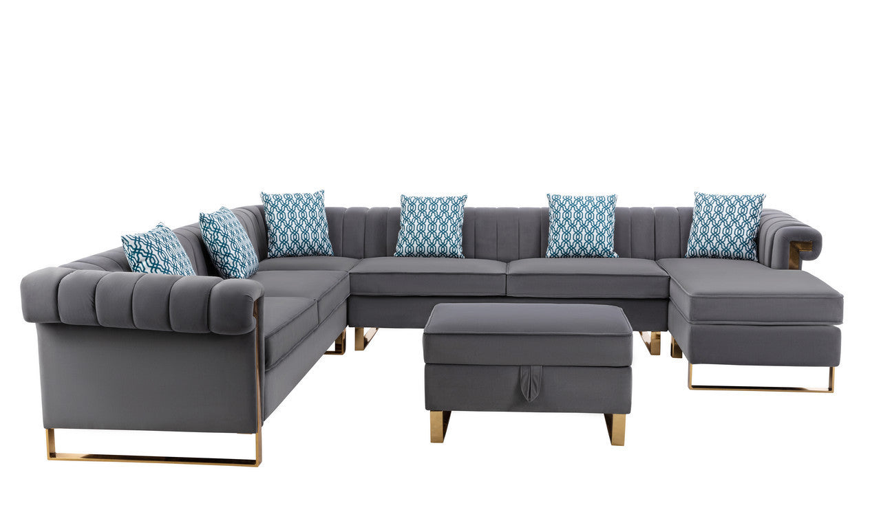 Maddie Gray Velvet 8-Seater Sectional Sofa with Reversible Chaise and Storage Ottoman