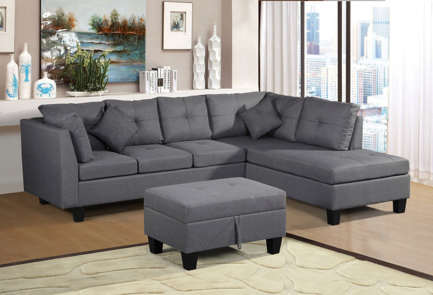 Sectional Sofa Set  for Living Room  with  Right Hand Chaise Lounge and Storage Ottoman  (Grey)