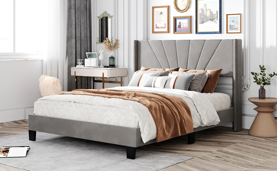 Queen Size Velvet Upholstered Platform Bed, Box Spring Needed - Gray