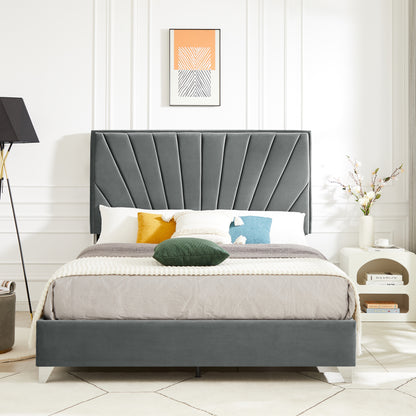 B108 Beautiful line stripe cushion headboard Full bed, strong wooden slats + metal support feet, Gray Flannelette