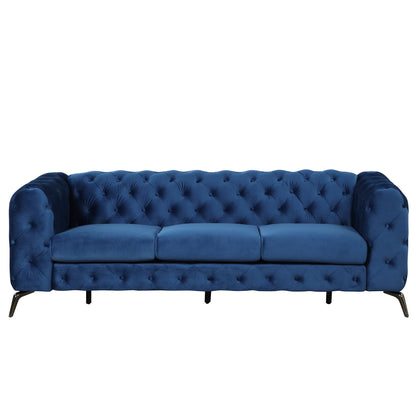 85.5" Velvet Upholstered Sofa with Sturdy Metal Legs,Modern Sofa Couch with Button Tufted Back, 3 Seater Sofa Couch for Living Room,Apartment,Home Office,Blue