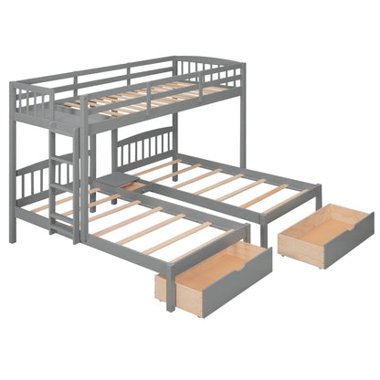 Twin over Twin & Twin Bunk Bed with Two Drawers and Built-in Middle Drawer, Gray