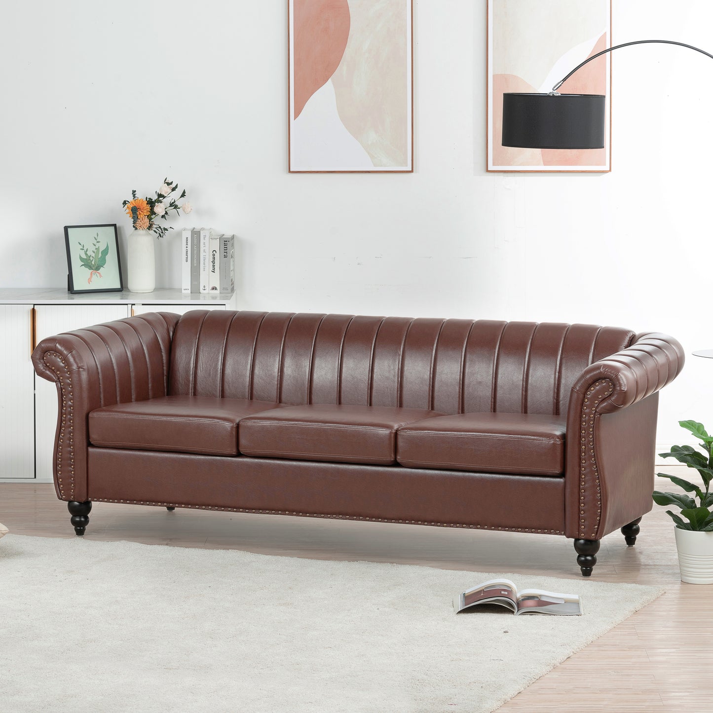 84'' Brown PU Rolled Arm Chesterfield Three Seater Sofa.