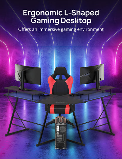 Gaming Desk, L Shaped Computer Corner Desk, 53" Ergonomic Gaming Table with Monitor Stands, PC Desk with LED Strips and Power Outlets, Carbon Fiber Surface with Cup Holder, Headphone Hook