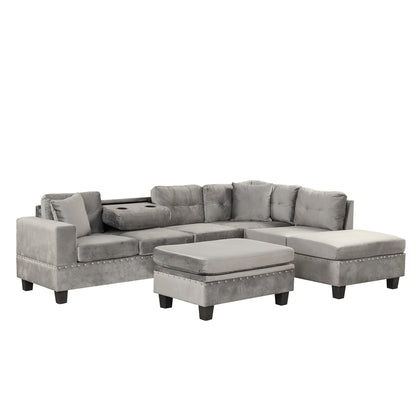 106.5" Modern Sectional Sofa with Storage Ottoman, L-Shape Couch with 2 Pillows and Cup Holder,Sectional Sofa with Reversible Chaise for Living Room,Gray