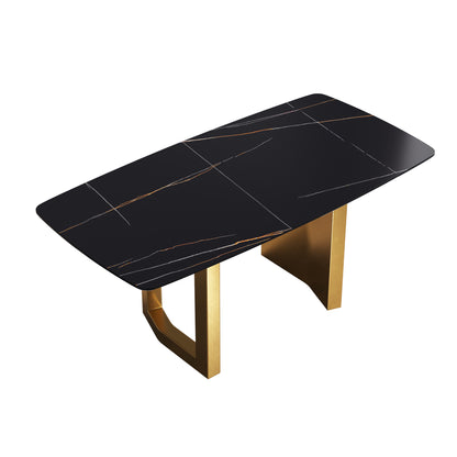 70.87"Modern artificial stone black curved golden metal leg dining table-can accommodate 6-8 people