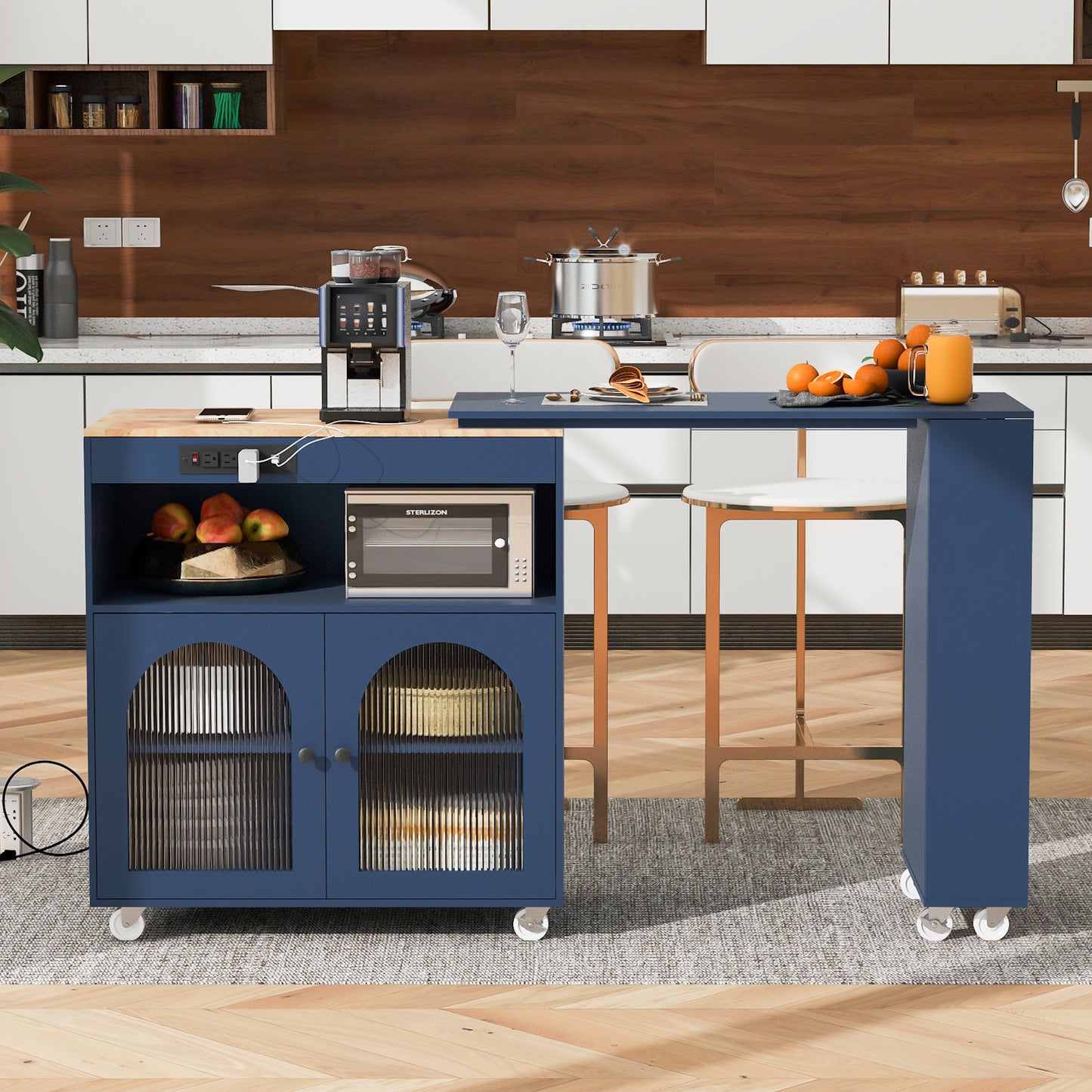 K&K Rolling Kitchen Island With Extended Table, Kitchen Island on Wheels with LED Lights,Power Outlets and 2 Fluted Glass Doors, Kitchen Island with a Storage Compartment and Side 3 Open Shelves, Navy