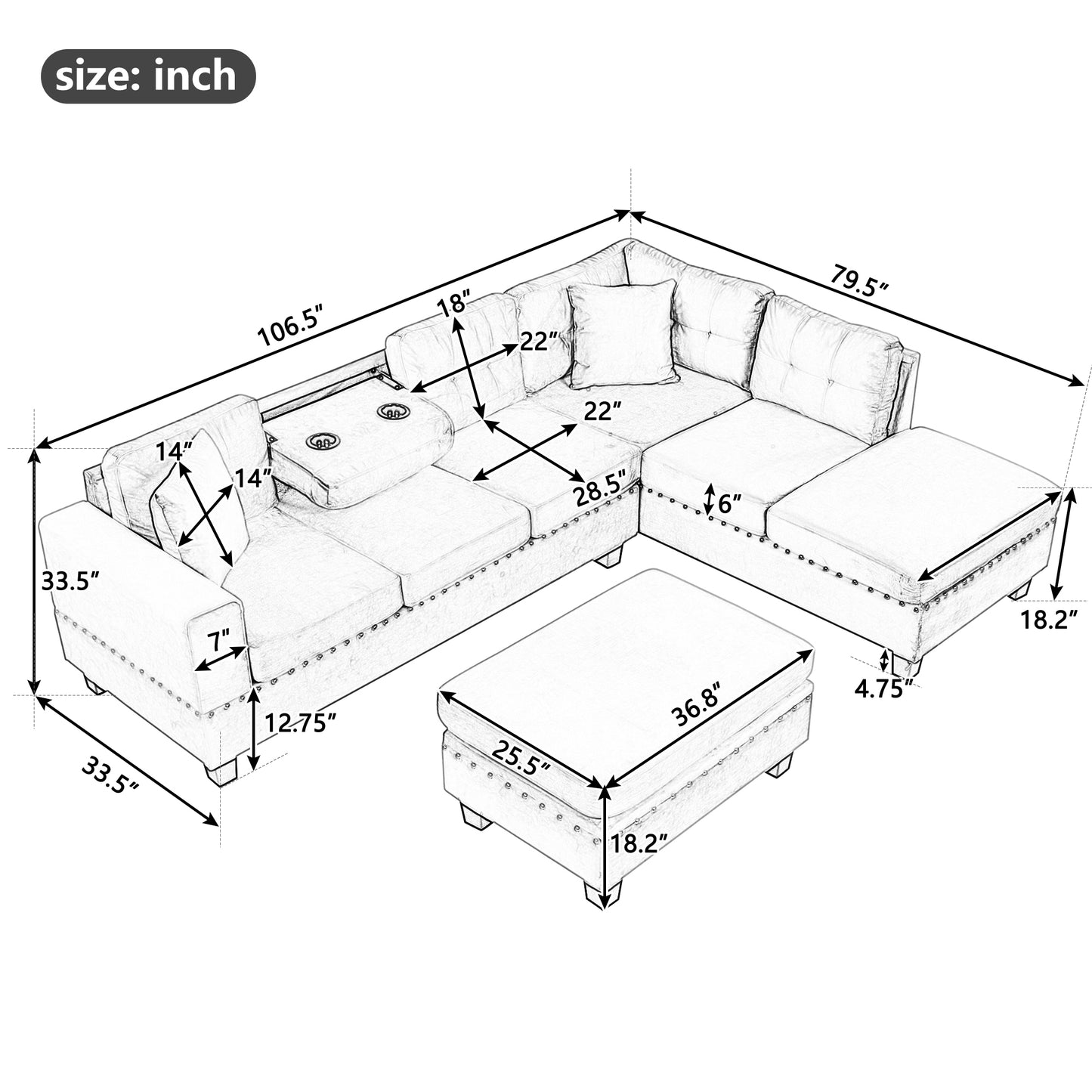 106.5" Modern Sectional Sofa with Storage Ottoman, L-Shape Couch with 2 Pillows and Cup Holder,Sectional Sofa with Reversible Chaise for Living Room,Gray