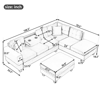 106.5" Modern Sectional Sofa with Storage Ottoman, L-Shape Couch with 2 Pillows and Cup Holder,Sectional Sofa with Reversible Chaise for Living Room,Gray