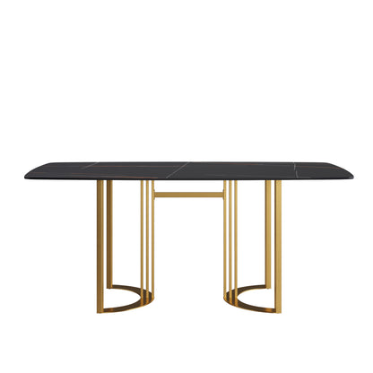 70.87"Modern artificial stone black curved golden metal leg dining table-can accommodate 6-8 people