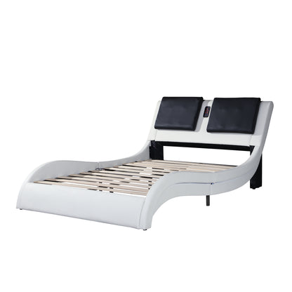 Faux Leather Upholstered Platform Bed Frame with led lighting ,Bluetooth connection to play music /RGB control，Backrest vibration massage，Curve Design, Wood Slat Support, No Box Spring Needed,Queen