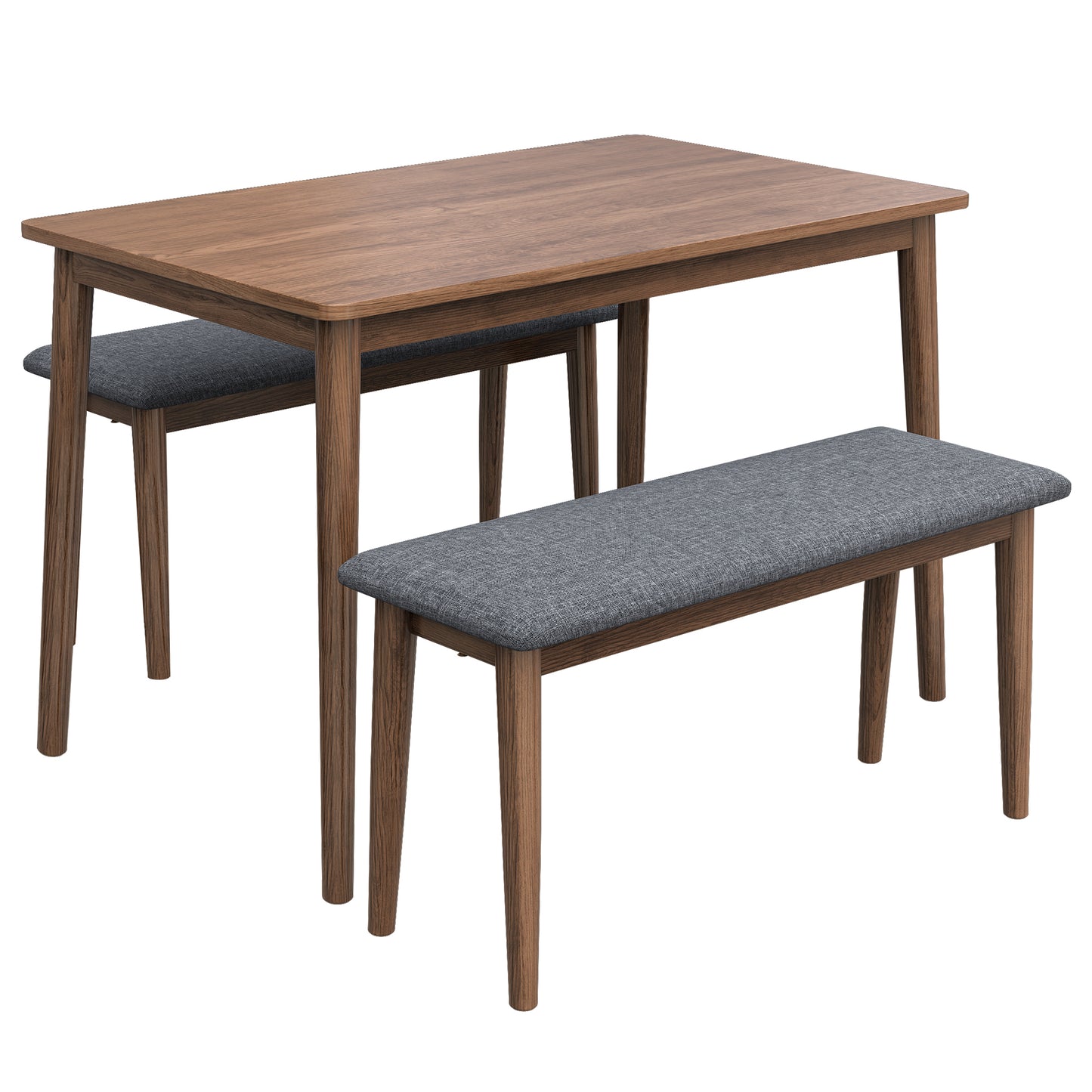 3 Pieces Modern Dining Table Set with 1 Rectangular Table and 2 Benches Fabric Cushion for 4 All Rubber wood Kitchen Dining Table for Dining Room Kitchen Small Space Walnut Color and Grey