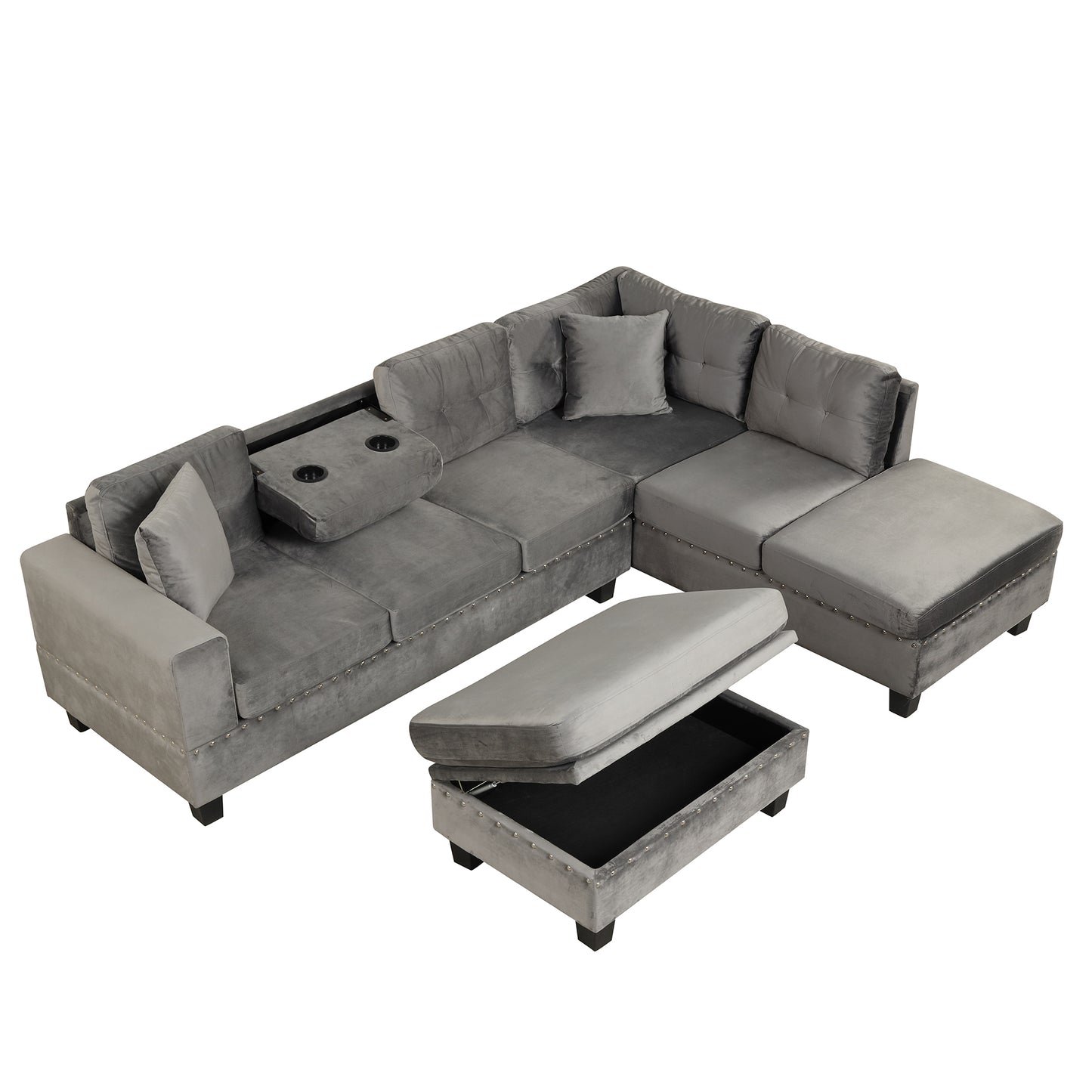 106.5" Modern Sectional Sofa with Storage Ottoman, L-Shape Couch with 2 Pillows and Cup Holder,Sectional Sofa with Reversible Chaise for Living Room,Gray