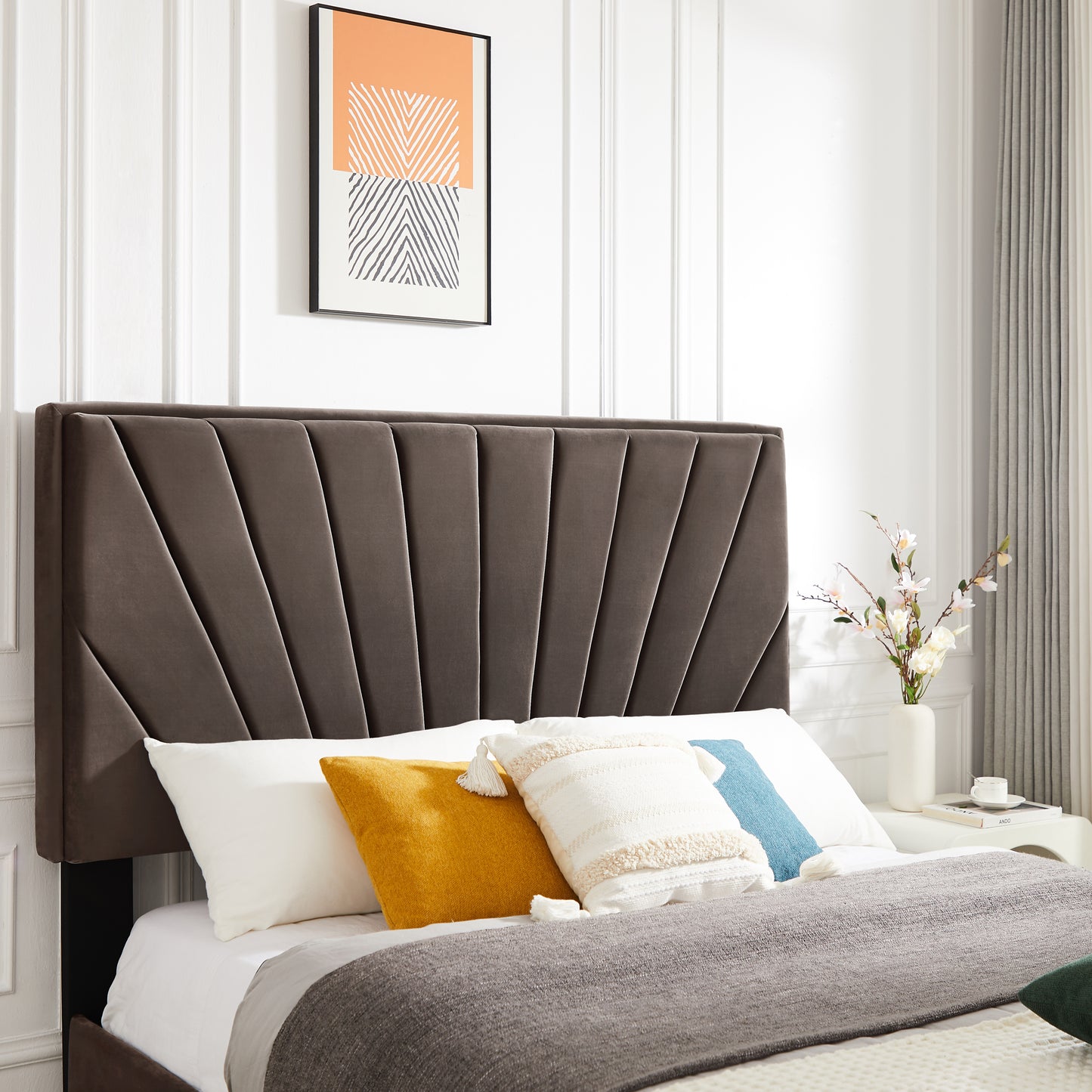 B108 Full bed with one nightstand, Beautiful line stripe cushion headboard , strong wooden slats + metal legs with Electroplate