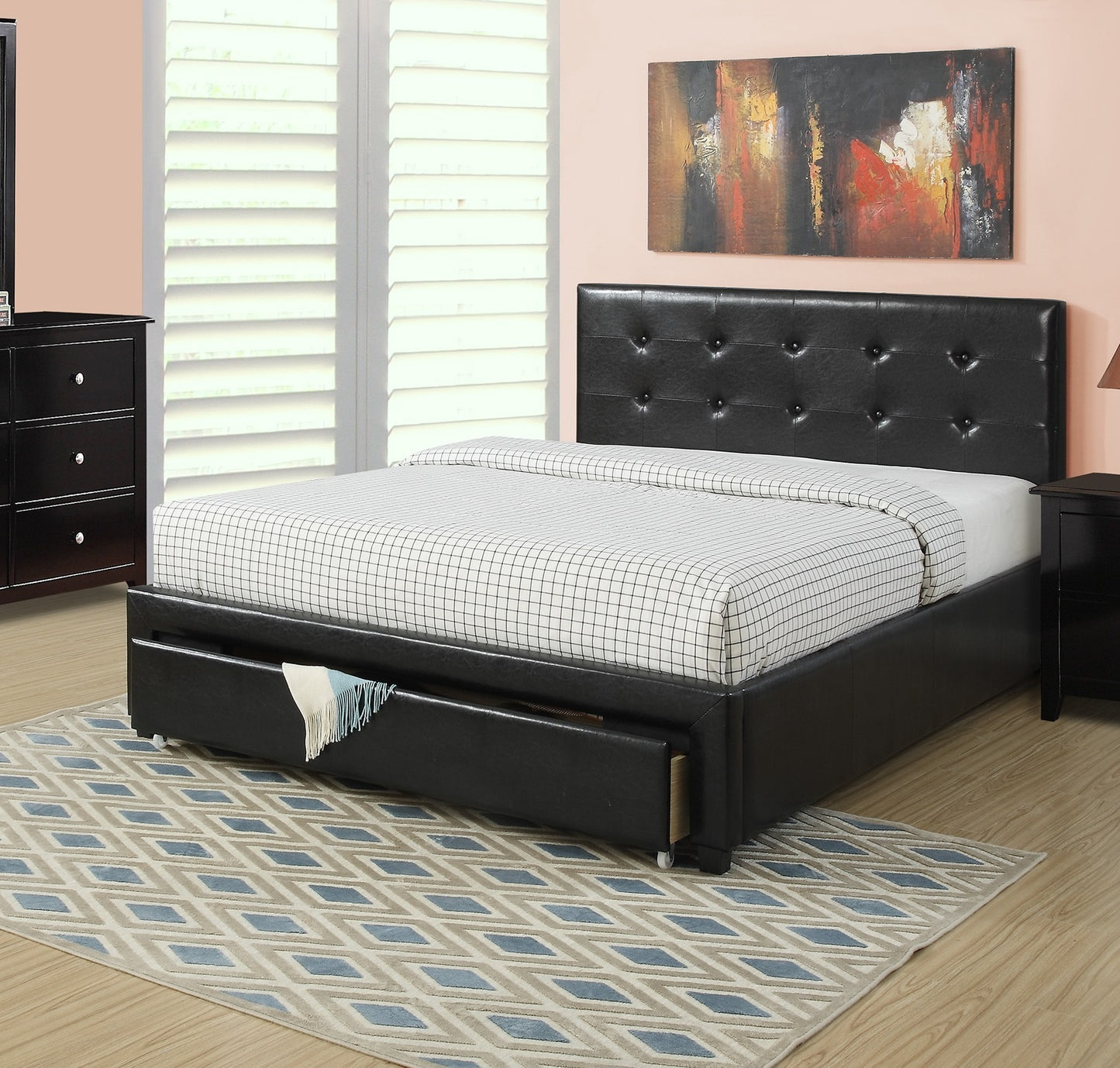 Bedroom Furniture Black Storage Under Bed Queen Size bed Faux Leather upholstered