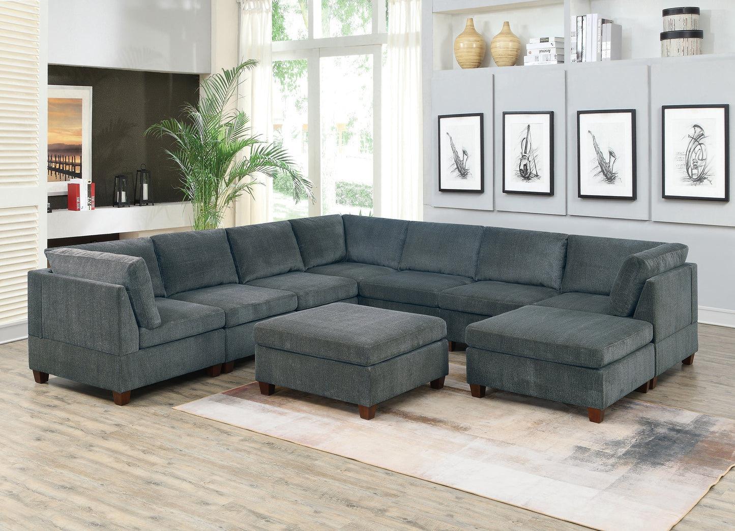 Living Room Furniture Grey Chenille Modular Sectional 9pc Set Large Family U- Sectional Modern Couch 3x Corner Wedge 4x Armless Chairs and 2x Ottoman Plywood