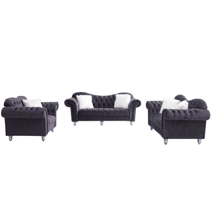 3 Piece Living Room Sofa Set, including 3-Seater Sofa, Loveseat and Sofa Chair, with Button and Copper Nail on Arms and Back, Five White Villose Pillow, Grey.