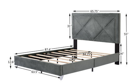 B109 Queen bed with one nightstand,Beautiful brass studs adorn the headboard, strong wooden slats + metal legs with Electroplate