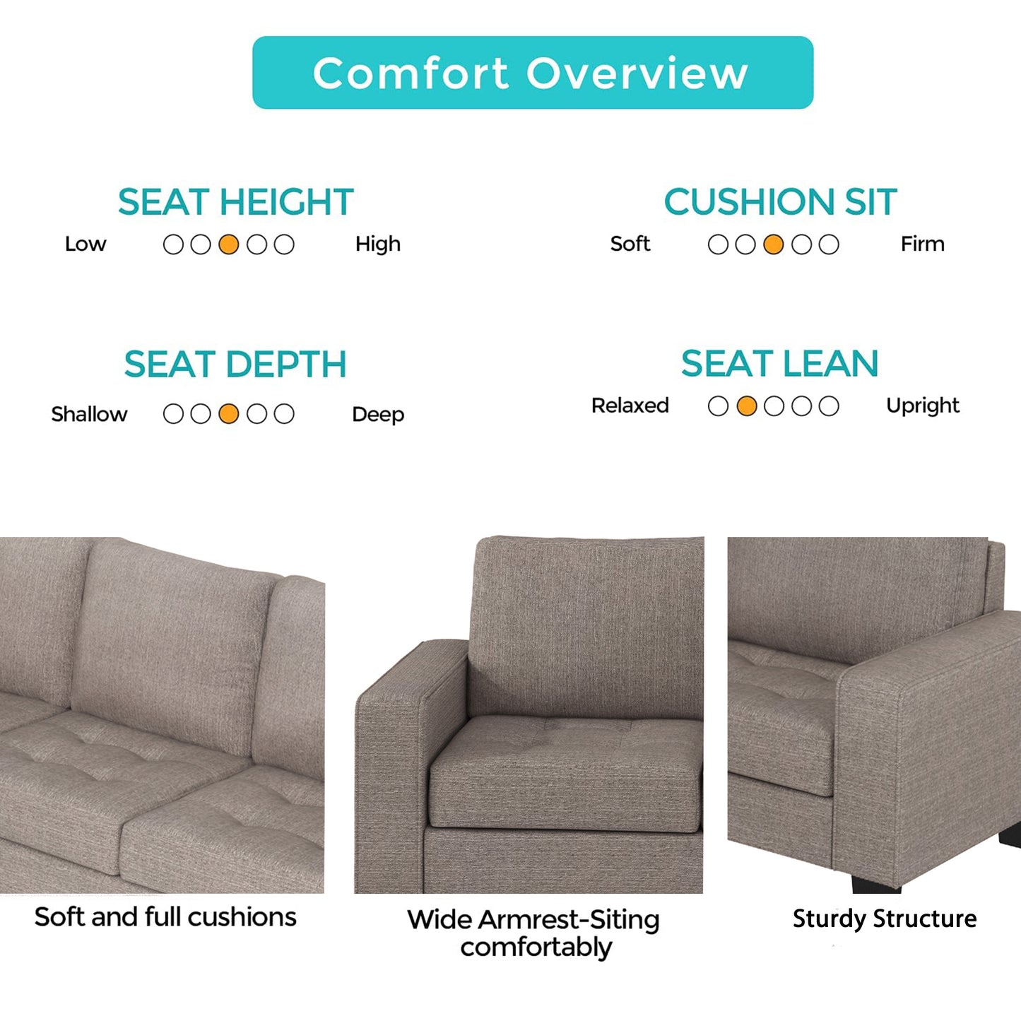 Orisfur. Sectional Corner Sofa L-shape Couch Space Saving with Storage Ottoman & Cup Holders Design for Large Space Dorm Apartment