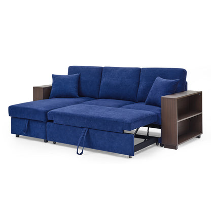 Sectional Sofa with Pulled Out Bed, 2 Seats Sofa and Reversible Chaise with Storage, MDF Shelf Armrest, Two Pillows, Navy Blue, (88" x52" x 34")